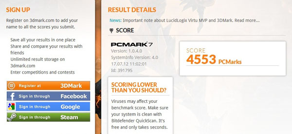Наш звичайний тест PC Mark 7 також видав непогані результати:
